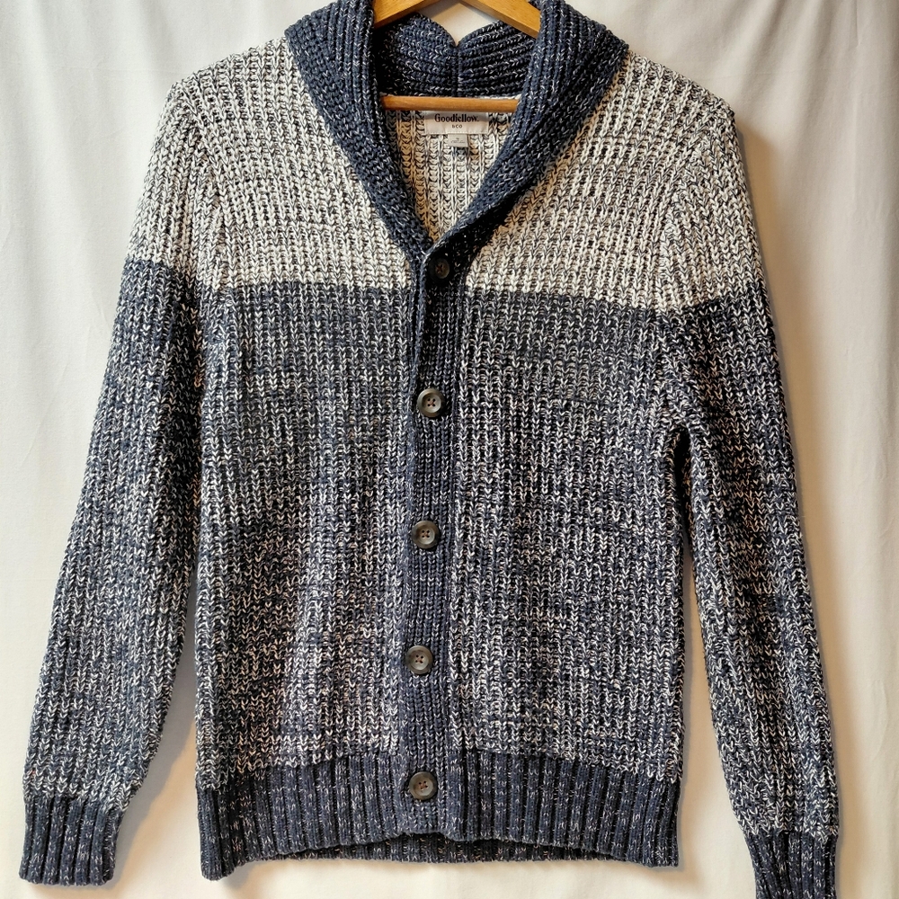 Goodfellow Shawl Collar‎ Cardigan Men's Size Small Blue White Chunky Warm Cozy